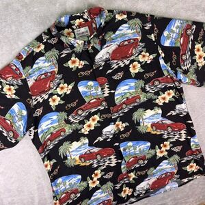 Reyn Spooner Men's Hawaiian Shirt Sz XL Black Corvette Car Print Rayon Button Up